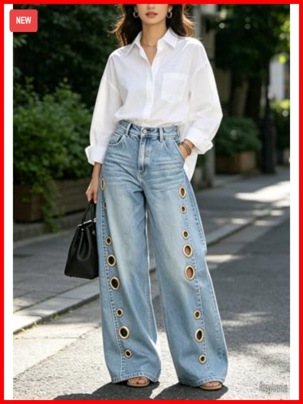 High Waisted Wide Leg Grommet Eyelet Cut Out Jeans Y2K Streetwear - Picture 5 of 6
